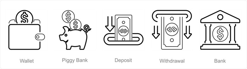 A set of 5 Finance icons as wallet, piggy bank, deposit