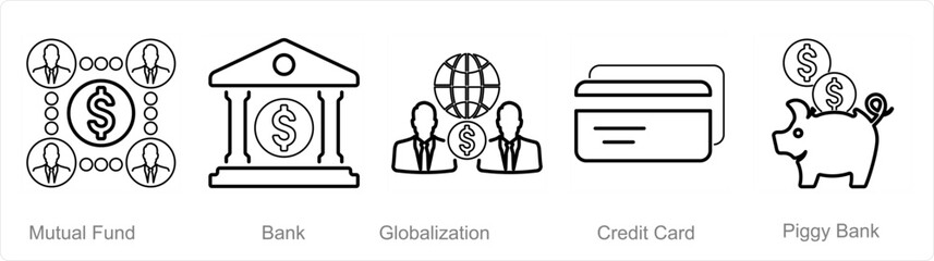 A set of 5 Finance icons as mutual funds, bank, globalization - obrazy, fototapety, plakaty