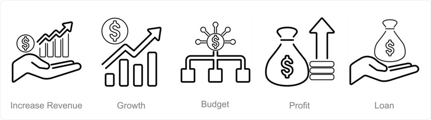 A set of 5 Finance icons as increase revenue, growth, budget