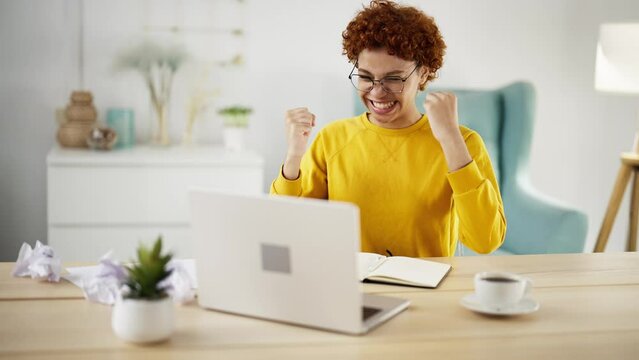Overjoyed amazed african american woman rejoicing achieving goal, showing win victory hands gesture shaking fists over head looking at laptop screen sitting at table. Girl winner celebrates success.
