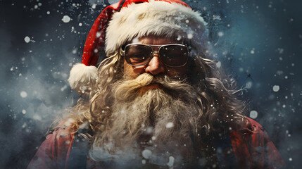 Santa Claus with glasses outdoor in winter with heavy wind and snow, magical light and sparkles, Snow sparkles, Santa clause photos with copy space - obrazy, fototapety, plakaty