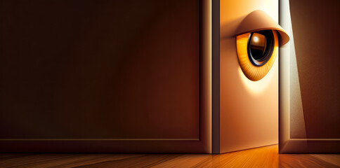 Close up of open door with eyeball on the door.