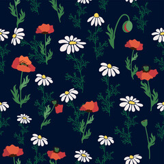 Seamless pattern with red poppies, white chamomile flowers, yellow rudbeckia. Summer flower field, meadow.