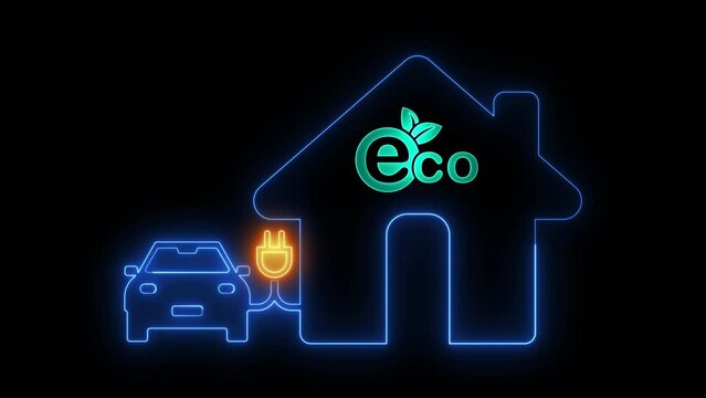 EV car is charging with home engine and the home have showing ECO icon on top. Able use graphic isolated on transparent background.