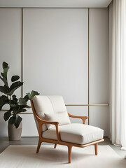 Living room interior design with beige armchair, plant and natural light. 3D render illustration for design, template, artwork