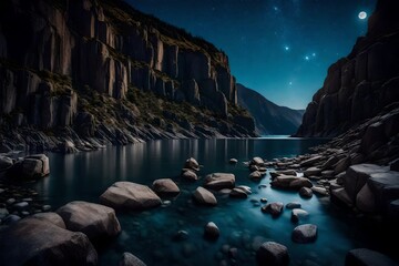 Fototapeta na wymiar A rocky lakeshore path with dramatic cliffs on one side, showcasing the grandeur of nature and the peaceful expanse of the lake under a clear, starry sky.