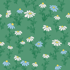 Fototapeta na wymiar Seamless pattern Creative floral print with chamomile flowers, leaves in hand drawn style on a blue-turquoise background
