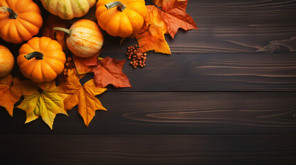 Naklejka na ściany i meble Autumn flat lay background. Pumpkins and fall leaves