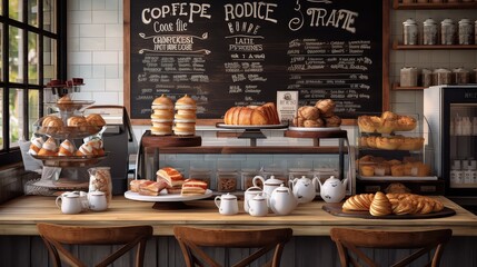 restaurant cafe coffee drink coffee pastry display illustration morning menu, design business, counter interior restaurant cafe coffee drink coffee pastry display - Powered by Adobe