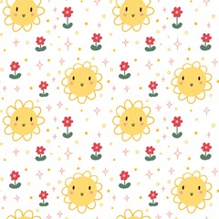Seamless pattern with sunflower and rose doodle on white background watercolor hand drawn illustration. Cute cartoon character.