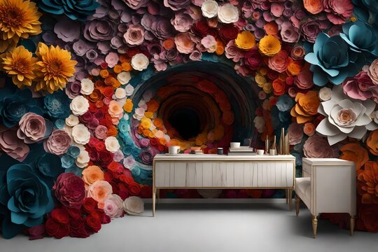 Embark on a visual journey with a 3D wallpaper that unveils an abstract tunnel adorned with vibrant flowers.
