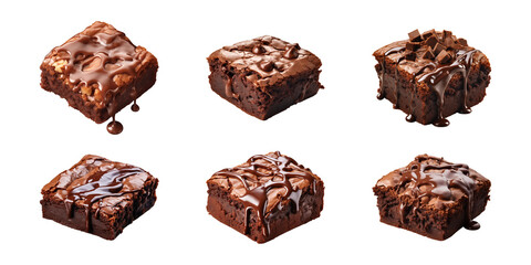 Collection set piece of tasty chocolate brownie isolated on a transparent background - obrazy, fototapety, plakaty