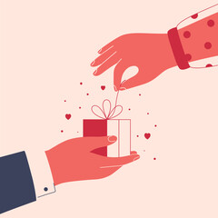 Male hand gives gift box to female hand with love. Festive present decorated with red bow shares from one arm to other. Valentine or birthday surprise box. Donation or Festive Vector illustration - obrazy, fototapety, plakaty