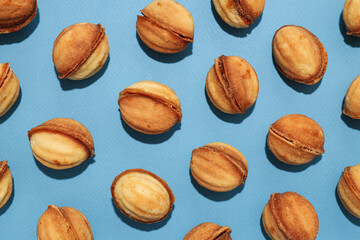 Cookies in the form of nuts on a blue background