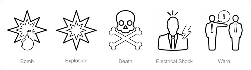 A set of 5 Hazard Danger icons as bomb, explosion, death, electrical shock