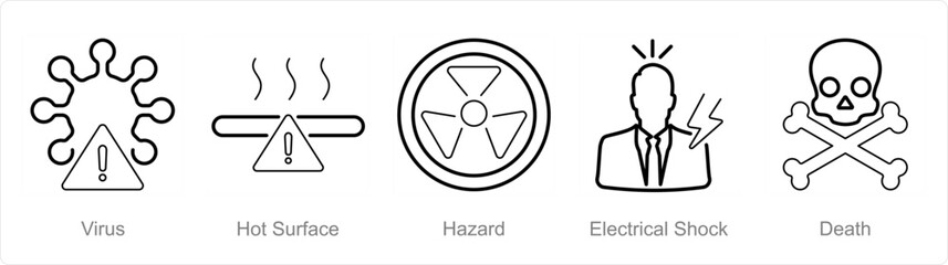 A set of 5 Hazard Danger icons as virus, hot surface, hazard