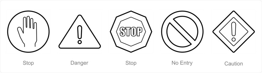 A set of 5 Hazard Danger icons as stop, danger, no entry