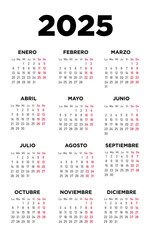 Calendario 2025 español. Semana comienza lunes	
 - obrazy, fototapety, plakaty
