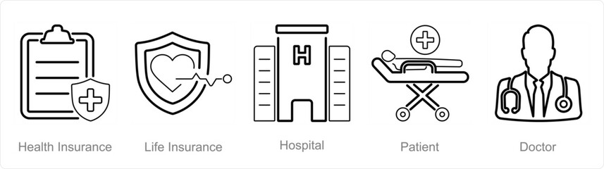A set of 5 Health Checkup icons as health insurance, life insurance, hospital