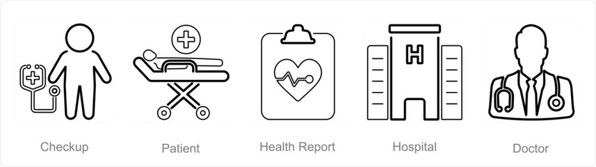 A set of 5 Health Checkup icons as checkup, patient, health report