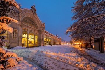 Decorated main colonnade in Marianske Lazne (Marienbad) at Advent time with Christmas tree - evening photography - Czech Republic, Europe