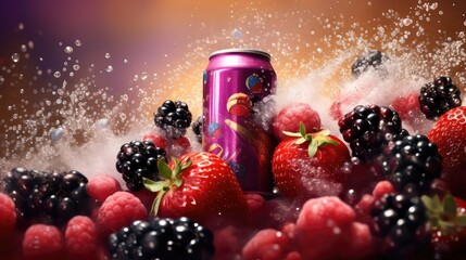 blue can soda drink berry illustration background 3d, water label, poster template blue can soda drink berry
