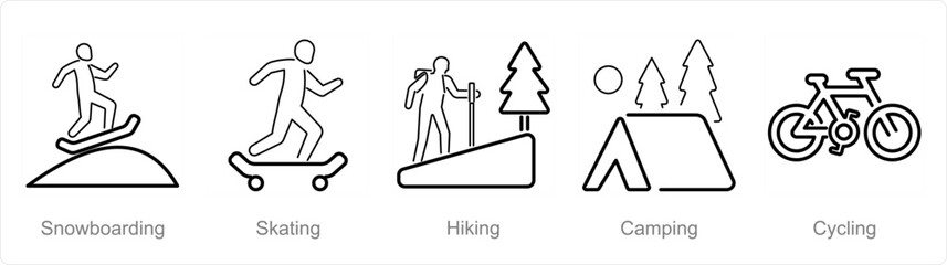 A set of 5 Hobby icons as snowboarding, skating, hiking