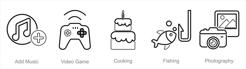 A set of 5 Hobby icons as add music, video game, cooking