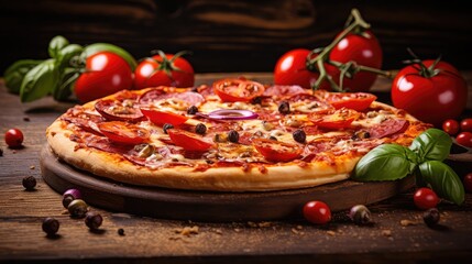 tasty homemade pizza food mouthwatering illustration cheesy crust, toppings oven, dough recipe...