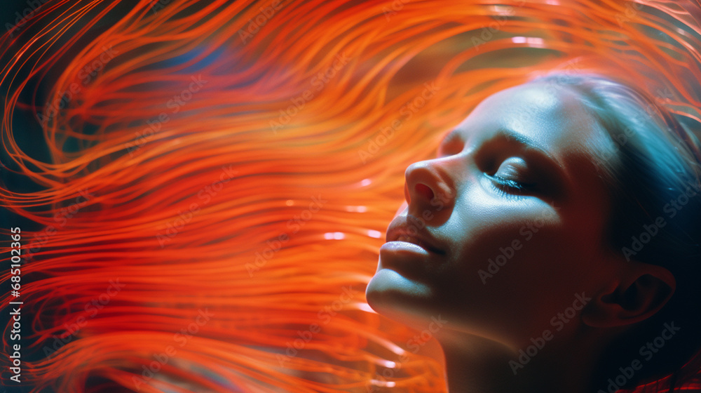 Fototapete A person immersed in abstract brainwave patterns, conveying a meditative and introspective atmosphere inspired by brain scan imagery.