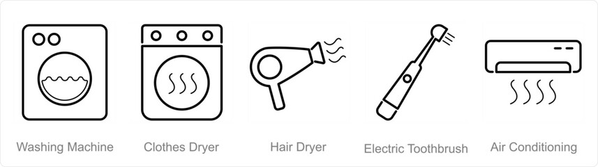 A set of 5 Home Appliance icons as washing machine, clothes dryer, hair dryer