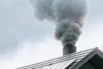 A modern house emits black smoke from its chimney in winter, causing environmental pollution and global warming. Black smoke from  chimney of a house in the countryside shows the impact of heating. - obrazy, fototapety, plakaty
