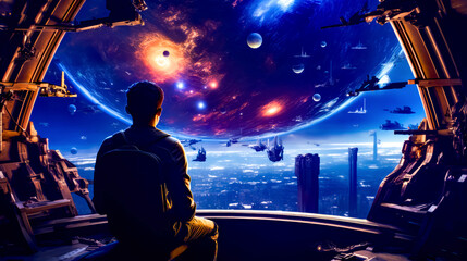 Man sitting in front of window looking at space filled with planets.