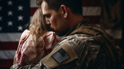 Military Father Hugging His Daughter With An America