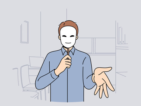 Man manager in mask extends palm for handshake, for concept of deception and hypocrisy in business. Guy office clerk wants to deceive colleague or boss, using mask to substitute emotions.
