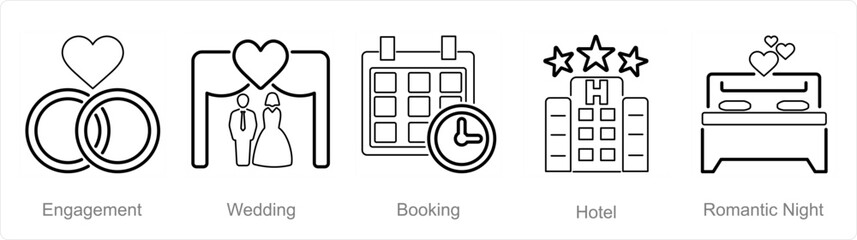 A set of 5 Honeymoon icons as engagement, wedding, booking