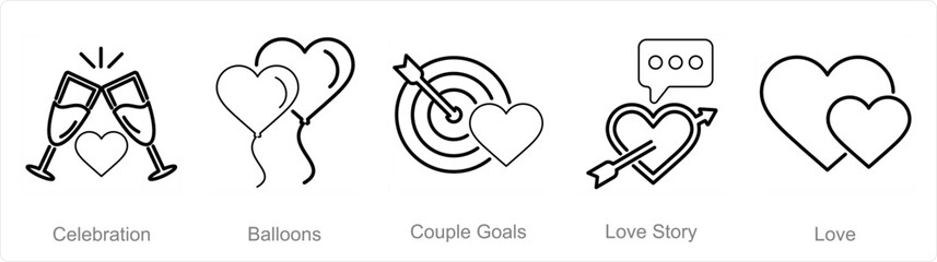 A set of 5 Honeymoon icons as celebration, balloons, couple goals