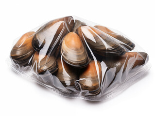 Vacuum packed mussels. Prepared for freezing and long term storage. Isolated on a white background.