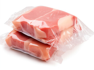 Vacuum-packed raw fresh pork loin. Ready for freezing and long term storage. Isolated on a white background for the designer.