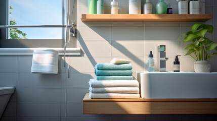 Bathroom with Cosmetic products and clean towels