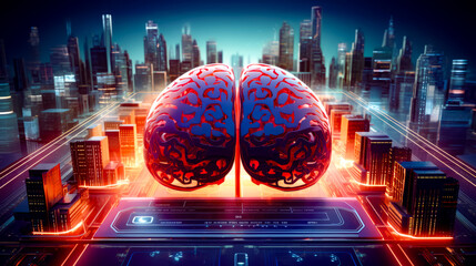 Computer generated image of brain in front of cityscape. - Powered by Adobe