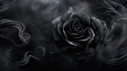 Black rose wrapped in black smoke swirl on dark background