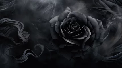 Foto auf Glas Black rose wrapped in black smoke swirl on dark background © tashechka