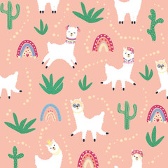 Obraz premium Cute pattern with llamas, cacti, Alps mountains, dream catcher, rainbows and hearts. Children s room design