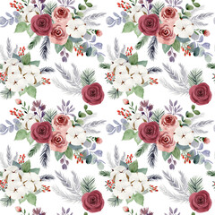 Watercolor christmas seamless pattern with roses and cotton flowers.