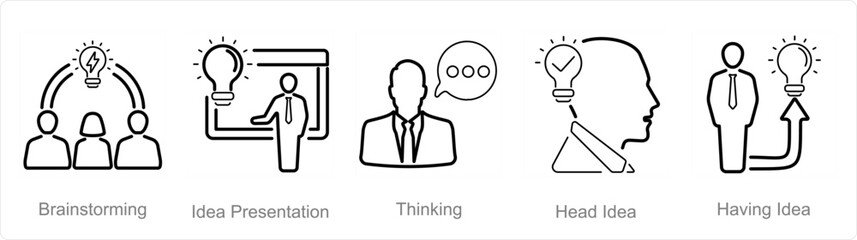 A set of 5 Idea icons as brainstorming, idea presentation, thinking