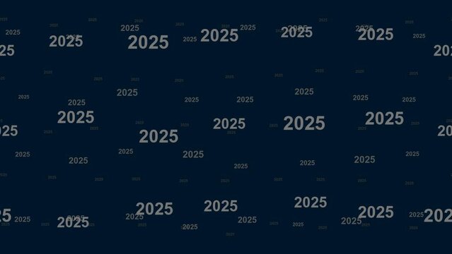 2025 year symbols float horizontally from left to right. Parallax fly effect. Floating symbols are located randomly. Seamless looped 4k animation on dark blue background