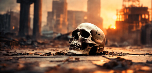 A skull in a post apocalyptic city with destroyed skyscrapers.