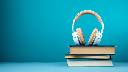 Headphones and books on blue background