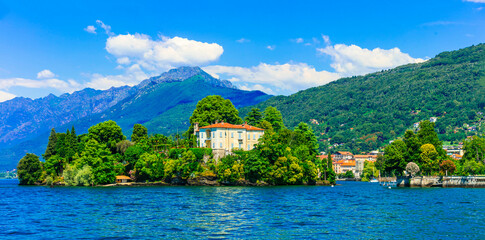 most scenic Italian lakes - Lago Maggiore . view of beautiful village Verbania. Italy travel destinations - obrazy, fototapety, plakaty